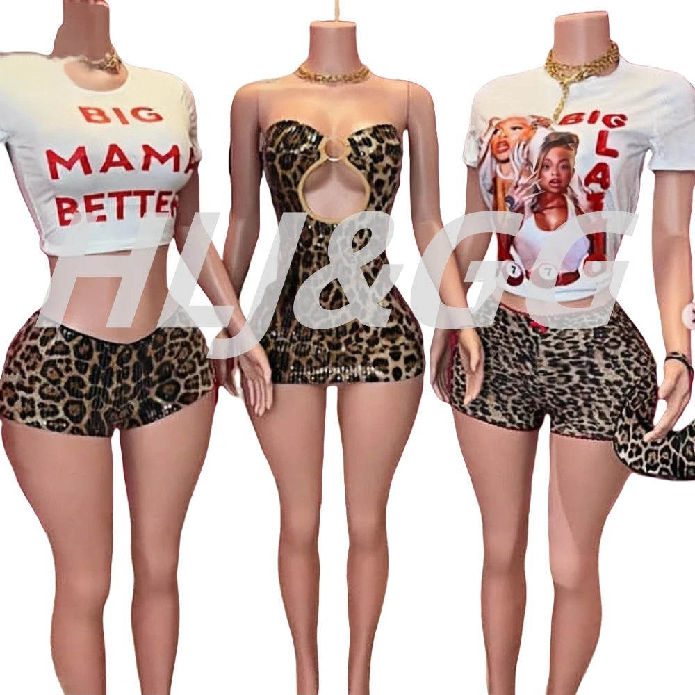 HLJ&GG Y2K Fashion Leopard Sequined Shorts Two Piece Sets Women Letter Print Round Neck Slim Crop Top And Shorts Outfits 2025