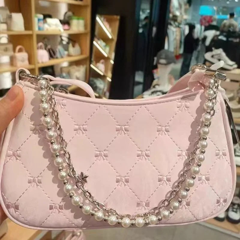 Pink Shoulder Bag Elegant Cute Bow Pearl Chains Bow Embroidery Handbag Casual Leather Korean Fashion Female Handbag
