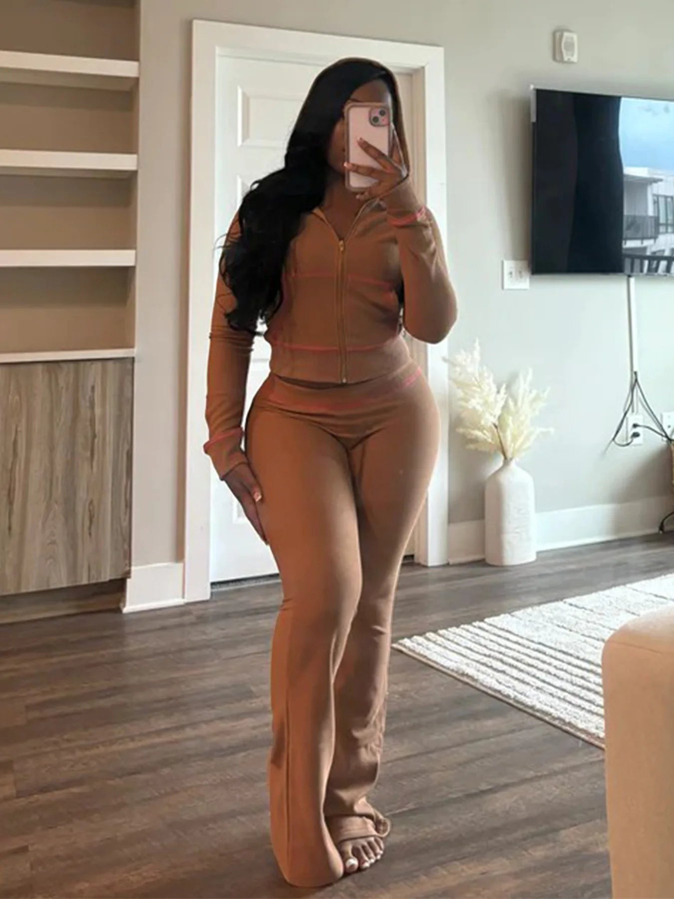 HLJ&GG Spring New Waffle Flare Pants Two Piece Sets Women Zip Hooded Long Sleeve Top + Pants Outfits Casual Sporty 2pcs Clothing