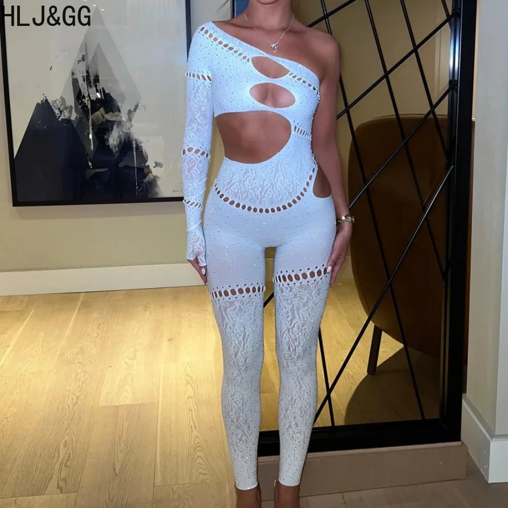 HLJ&GG Sexy Rhinestone Hollow Bodycon One Piece Jumpsuits Women One Shoulder Long Sleeve Slim Playsuit Fashion Clubwear Overalls
