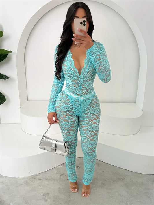 STYLISH LADY See Through Lace 2 Piece Set Women Long Sleeve Bodysuits and Skinny Pant Suits 2025 Summer Sexy Hollow Out Outfits