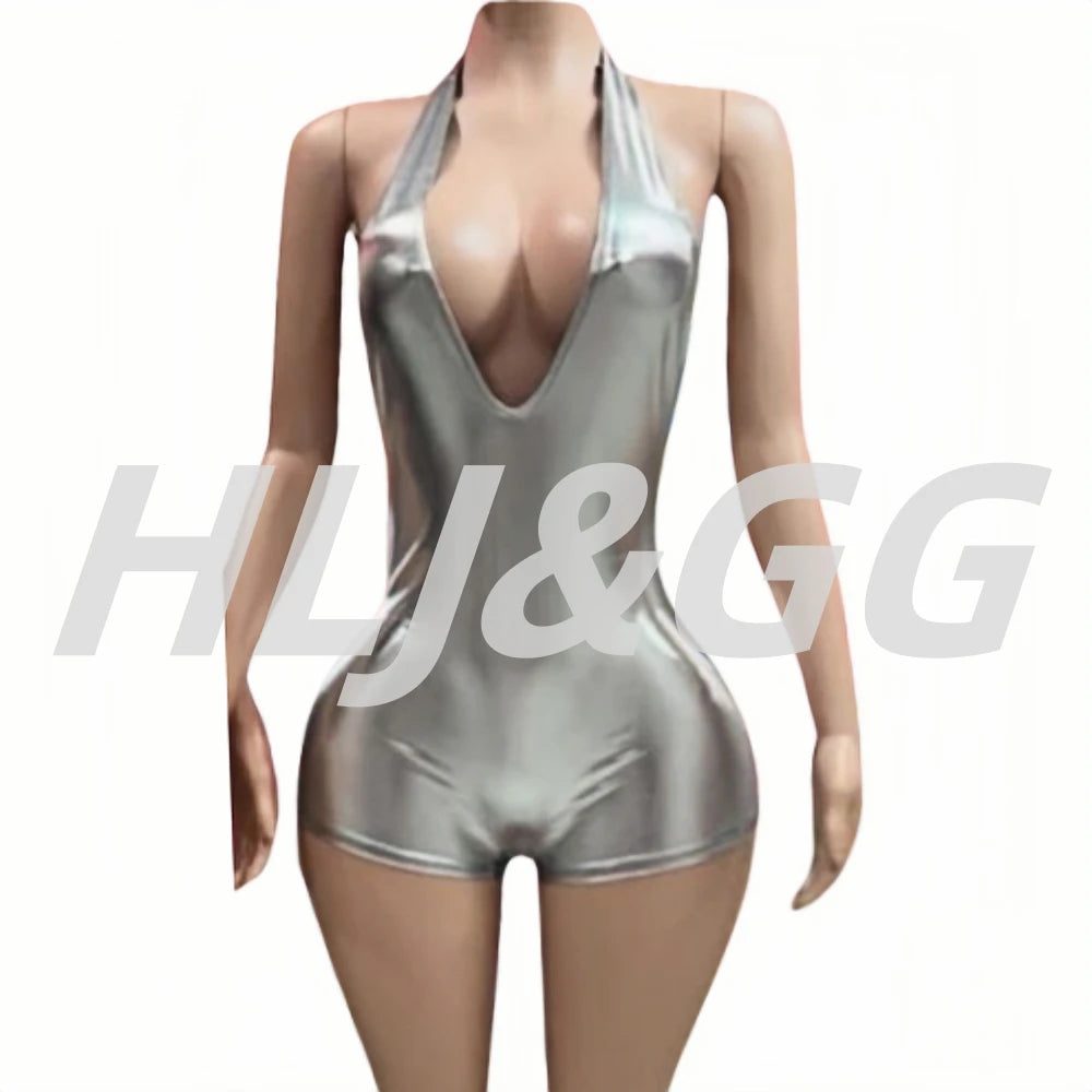 HLJ&GG Sexy Deep V Halter Glossy Bodycon One Piece Rompers Women Sleeveless Backless Lace Up Jumpsuits Fashion Clubwear Overalls
