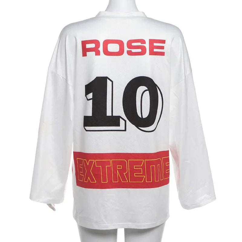 HLJ&GG Y2K Letter Print Mesh Two Piece Sets For Women V Neck Long Sleeve Top + Puffy Mini Skirts Outfits Fashion 2pcs Streetwear