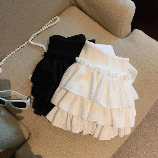Sweet Puffy Cake Women Skirts Korean Fashion Ruched Ruffle Mini Skirt Campus Harajuku Casual Versatile Elastic Waist Solid Skirt