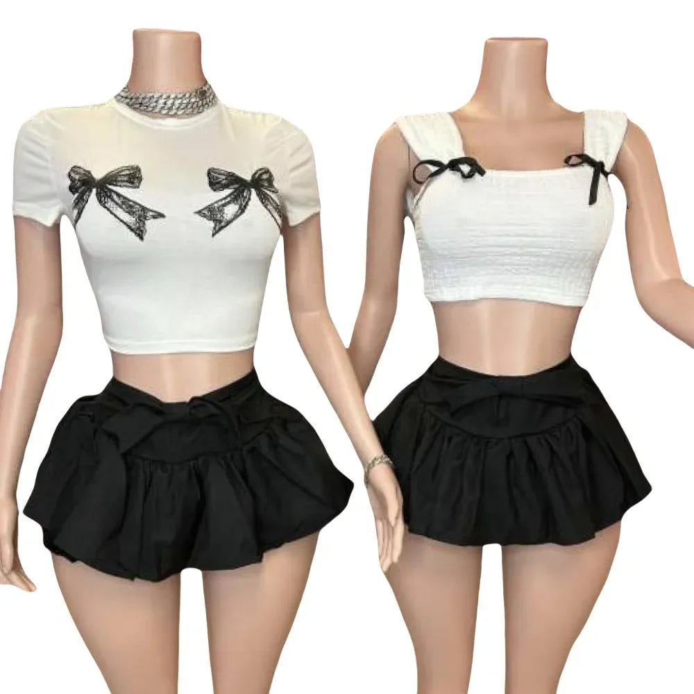 HLJ&GG White Sweet Y2K Bow Puffy Mini Skirts Shorts Two Piece Sets Women Short Sleeve Slim Top And Skirts Outfits Streetwear