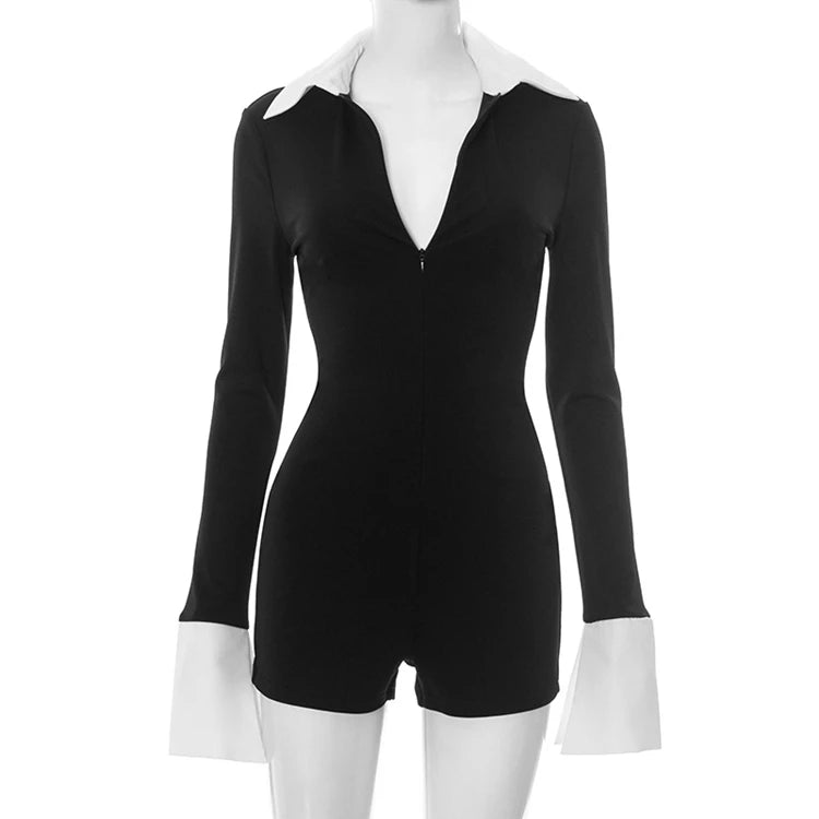 STYLISH LADY Contrast Color Elegant Playsuits 2025 Summer Women Long Sleeve V Neck Bodycon Sexy Club Party Short Rompers