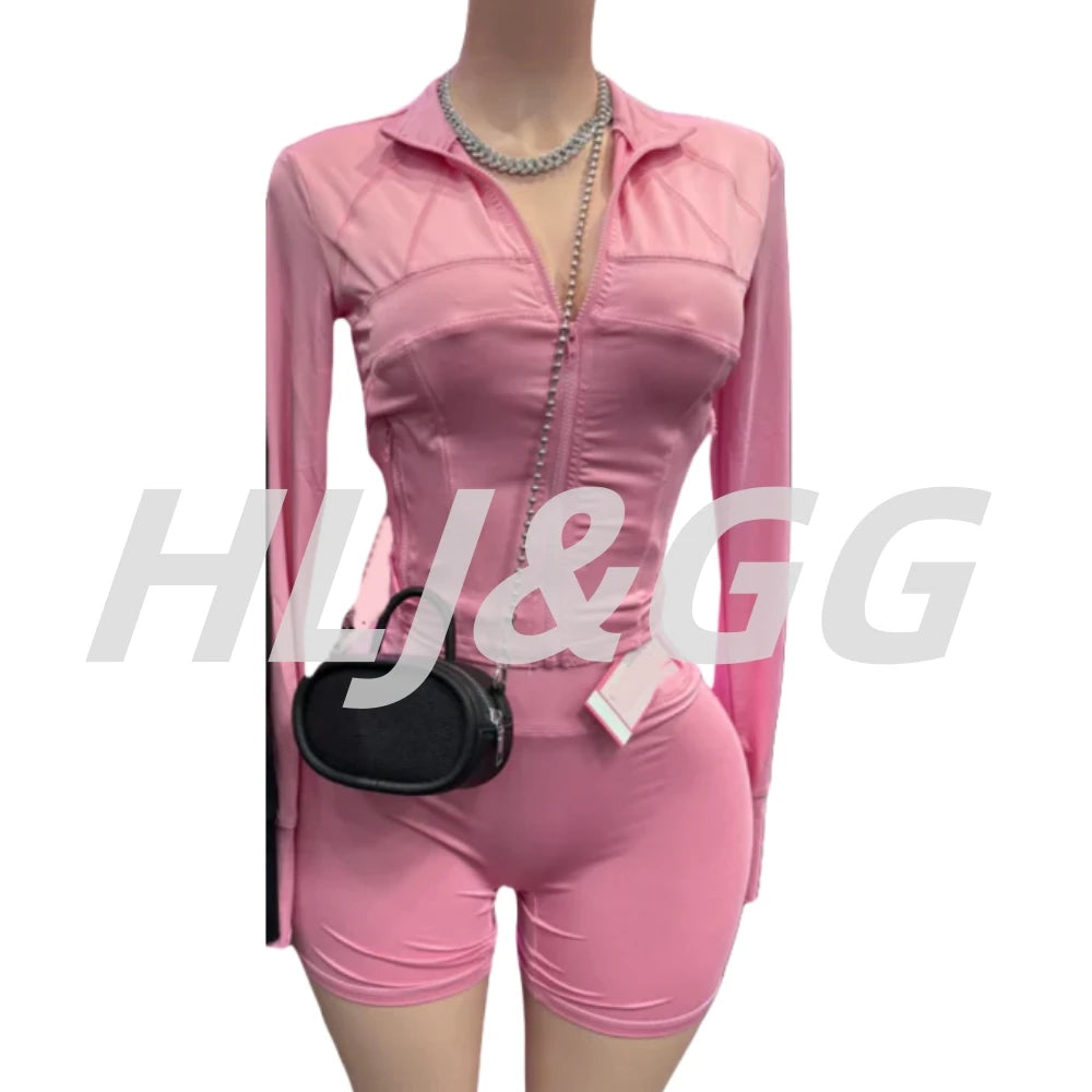 HLJ&GG Casual Sporty Skinny Shorts Two Piece Sets Women Zip Long Sleeve Slim Top + Shorts Outfits Summer New Stretchy Tracksuits