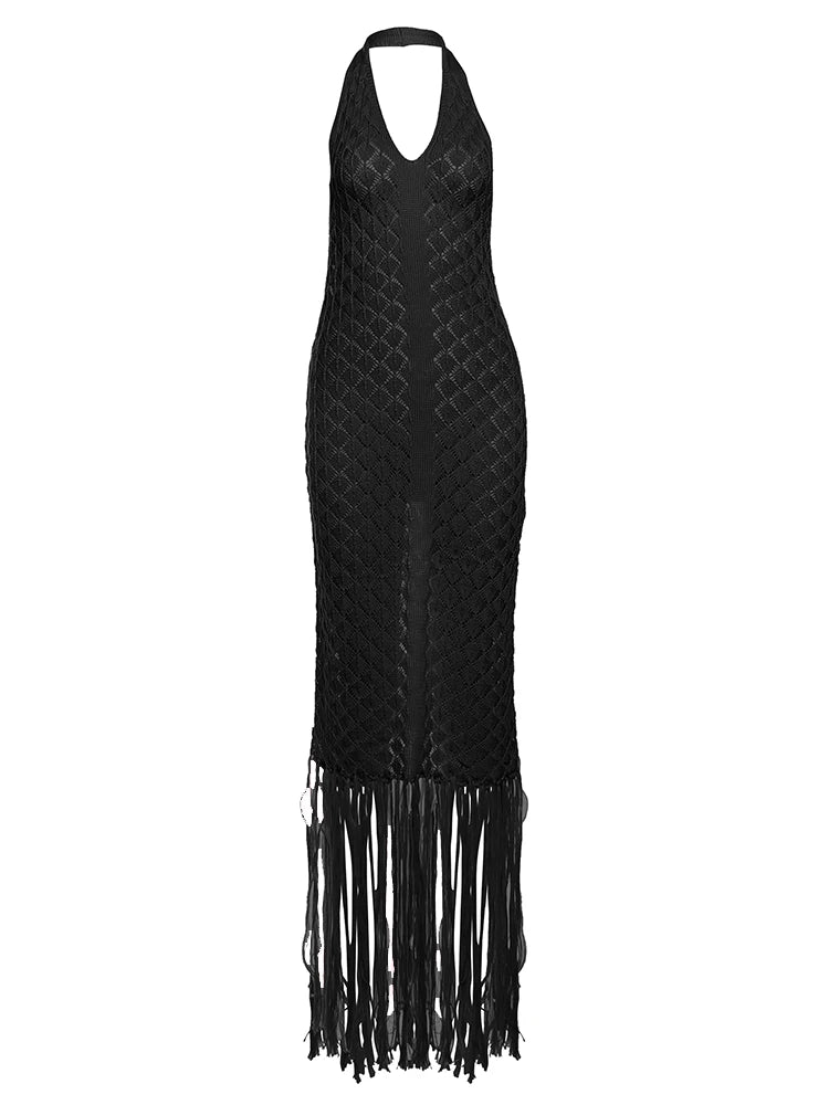 Wired Puss Backless Halter Dress Women Sexy Summer Deep V-Neck Hollow Tassel Solid Patchwork Slim Midnight Party Club Vestidos