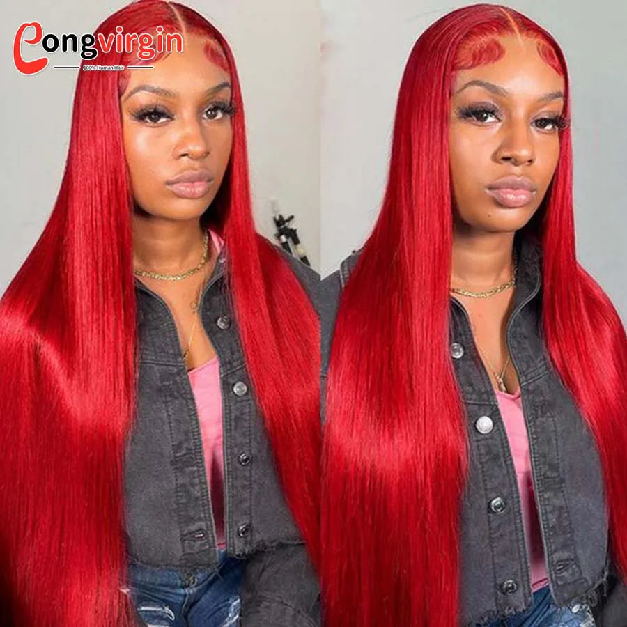 250% Hot Red 360 Full Lace Wig Human Hair Pre Plucked Hd Transparent Lace Front Wig 99J Bone Straight Lace Frontal Wig For Women