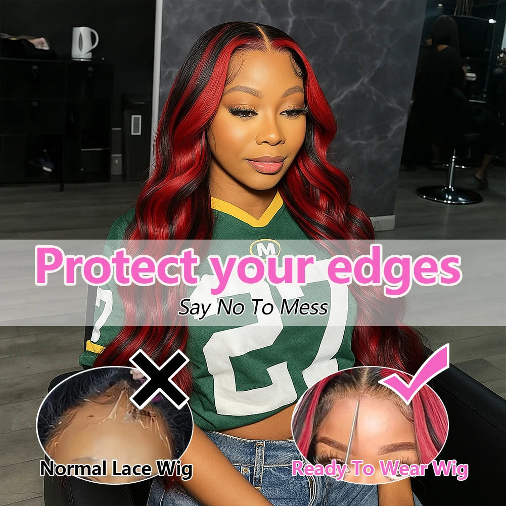 1B/99J Omber Black With Red 5x5 Highlight Lace Front Closure Body Wave Glueless Wigs Human Hair Brazilian Burgundy Colored Wigs