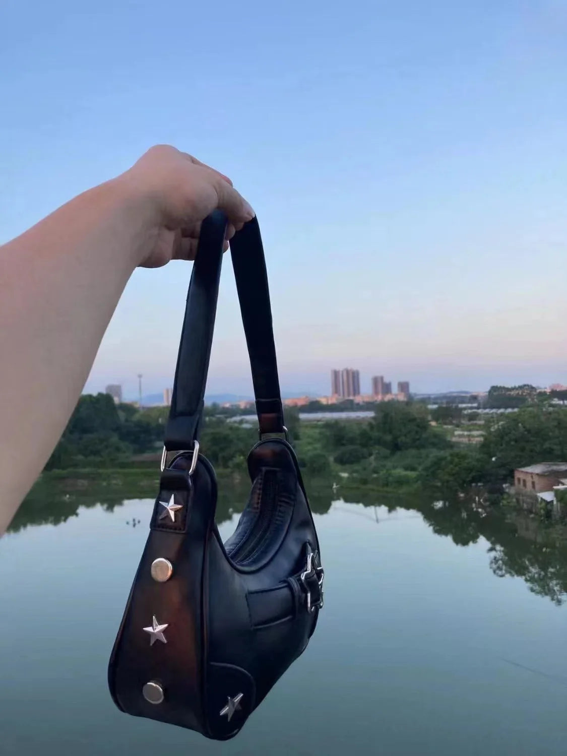 Vintage Korean Casual Cute White Star Shoulder Underarm Tote Bag Ladies Sling Bags Leather Zip Purses Handbags Women
