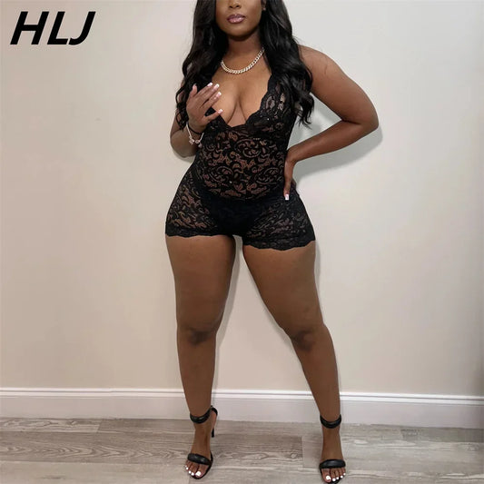 HLJ&GG Sexy Lace Perspective Hollow Out Bodycon One Pieces Rompers Womens V Neck Sleeveless Slim Jumpsuits Female Playsuits 2024