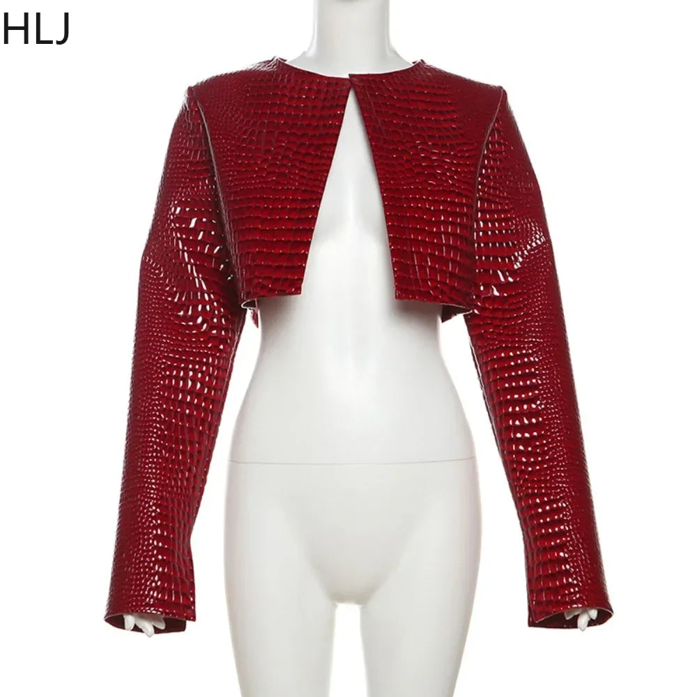 HLJ&GG Fashion Y2K Leather Snake Jacket Coat Three Piece Sets Women Lapel Long Sleeve Crop Top+Shorts Outfits Trend Streetwear