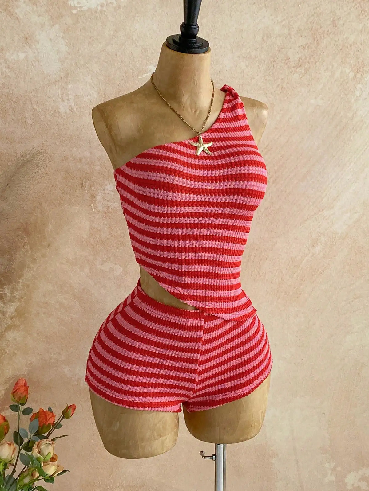 Women's Pink Striped Bohemian Two-Piece Set with One-Shoulder Tank Top & Hot Shorts, Summer Casual Outfit for Island Vacation