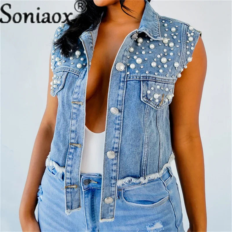 2024 Summer New jeans Jacket Coat Women Lapel Short Jacket Casual Jacket Vest Beaded Diamond Vest Jacket Women Streetwear