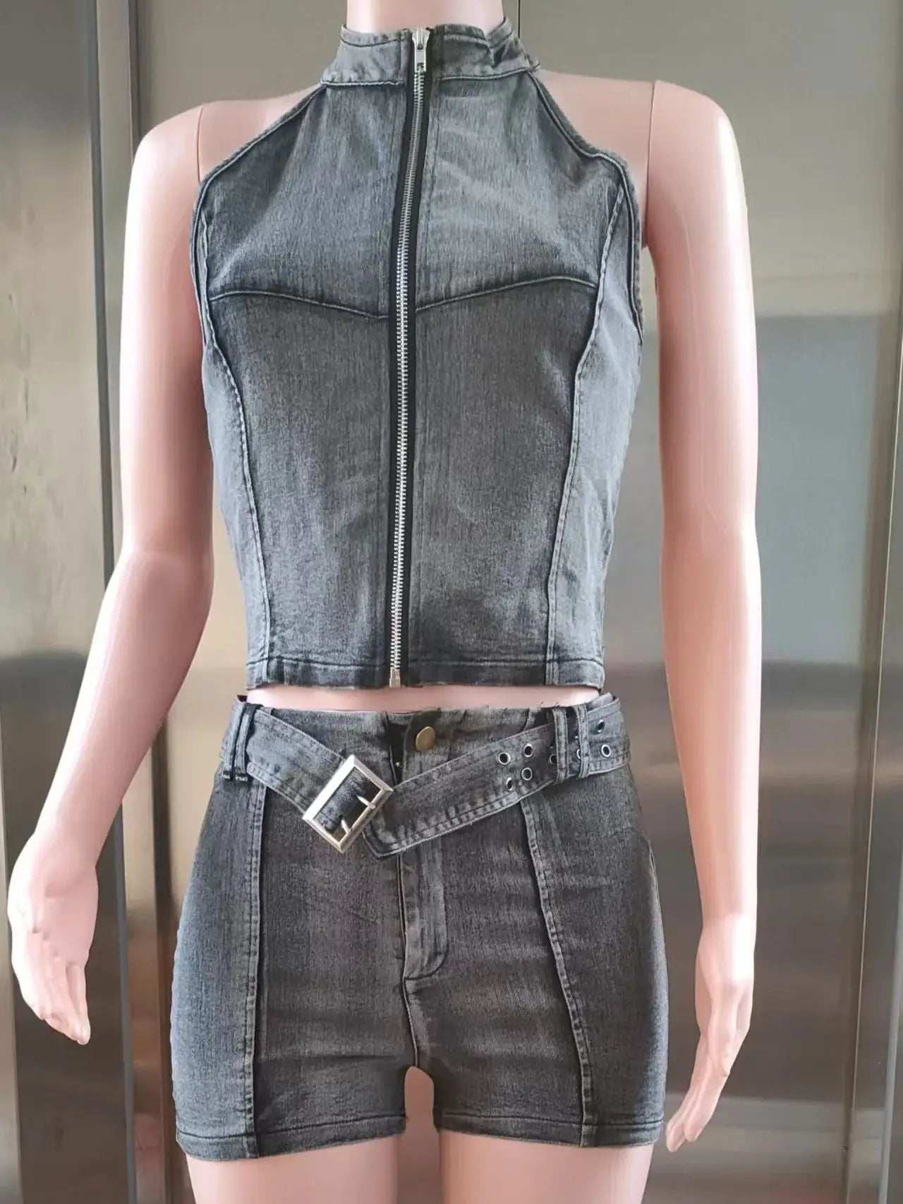 Weird Puss Distressed Style jeans 2 Piece Set Women Zipper Cardigan Sleeveless Crop Top+Skinny Shorts Hottie Street Hipster Suit