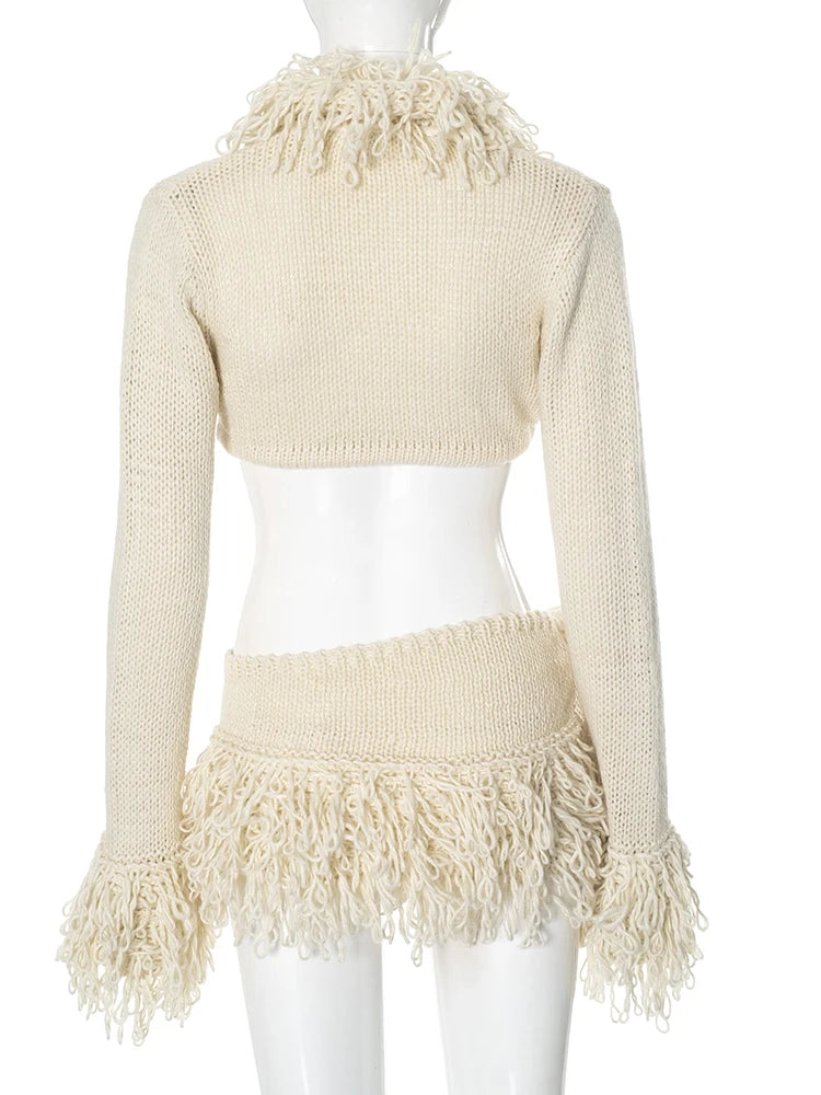 Weird Puss Crochet Tassel 2 Piece Set Women Lace-Up Cardigan Full Sleeve Crop Tops+Irregular Slits Mini Skirt Sexy Hipster Suit