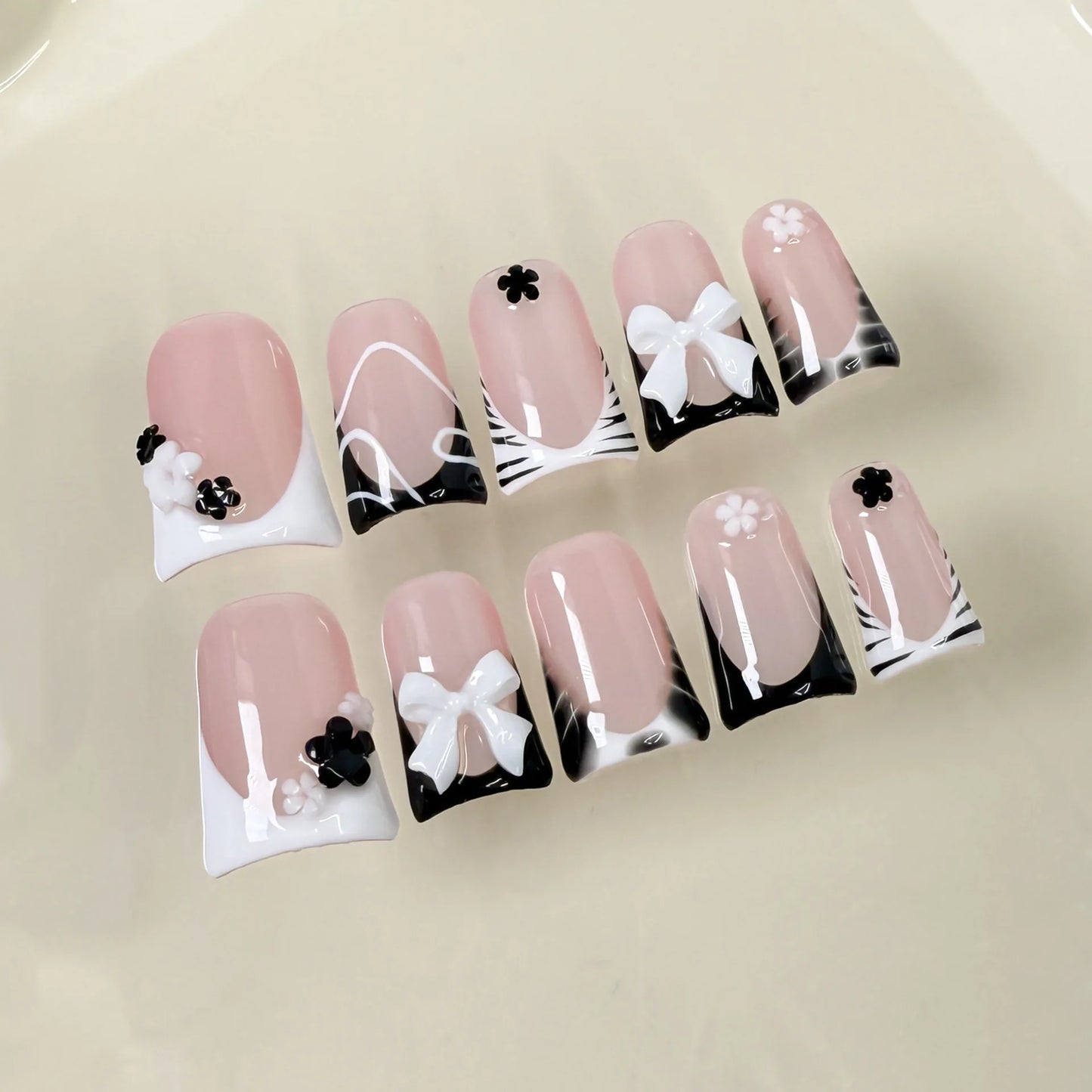 10pcs Sweet White Bowknots Press On Nails Pink French Style Glitter Diamond Pearl Decor Handmade False Nail Blush Duckbill Nails