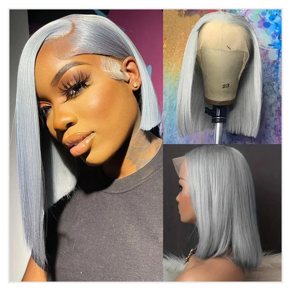Sliver Grey Short Bob Human Hair Wigs 13x6 613 Blonde Bob Wig Transparent Lace Frontal Wig Bone Straight Brazilian Remy Hair Wig