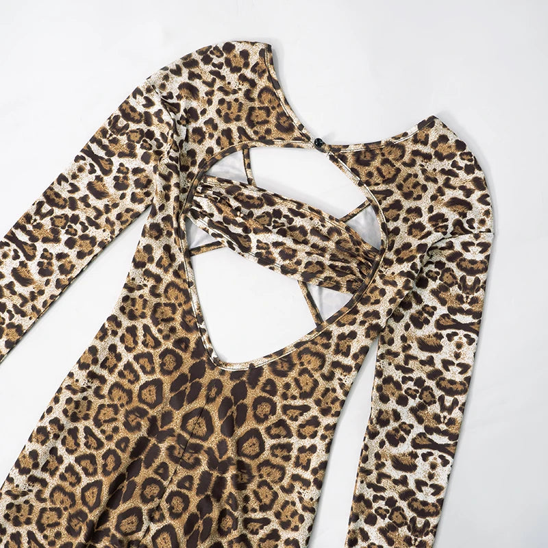 Weird Puss Leopard Print Jumpsuit Women Wild Hollow Low-Neck Sexy Skinny Full Sleeve Peach Hip Midnight Party Overalls Clubwear
