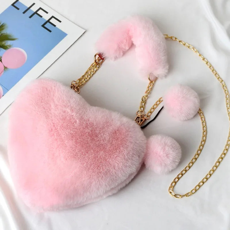Luxury Faux Fur Heart-shaped Women Small Handbags Fluffy Plush Ladies Chain Shoulder Bag Fashion Female Furry Daily Clutch Purse