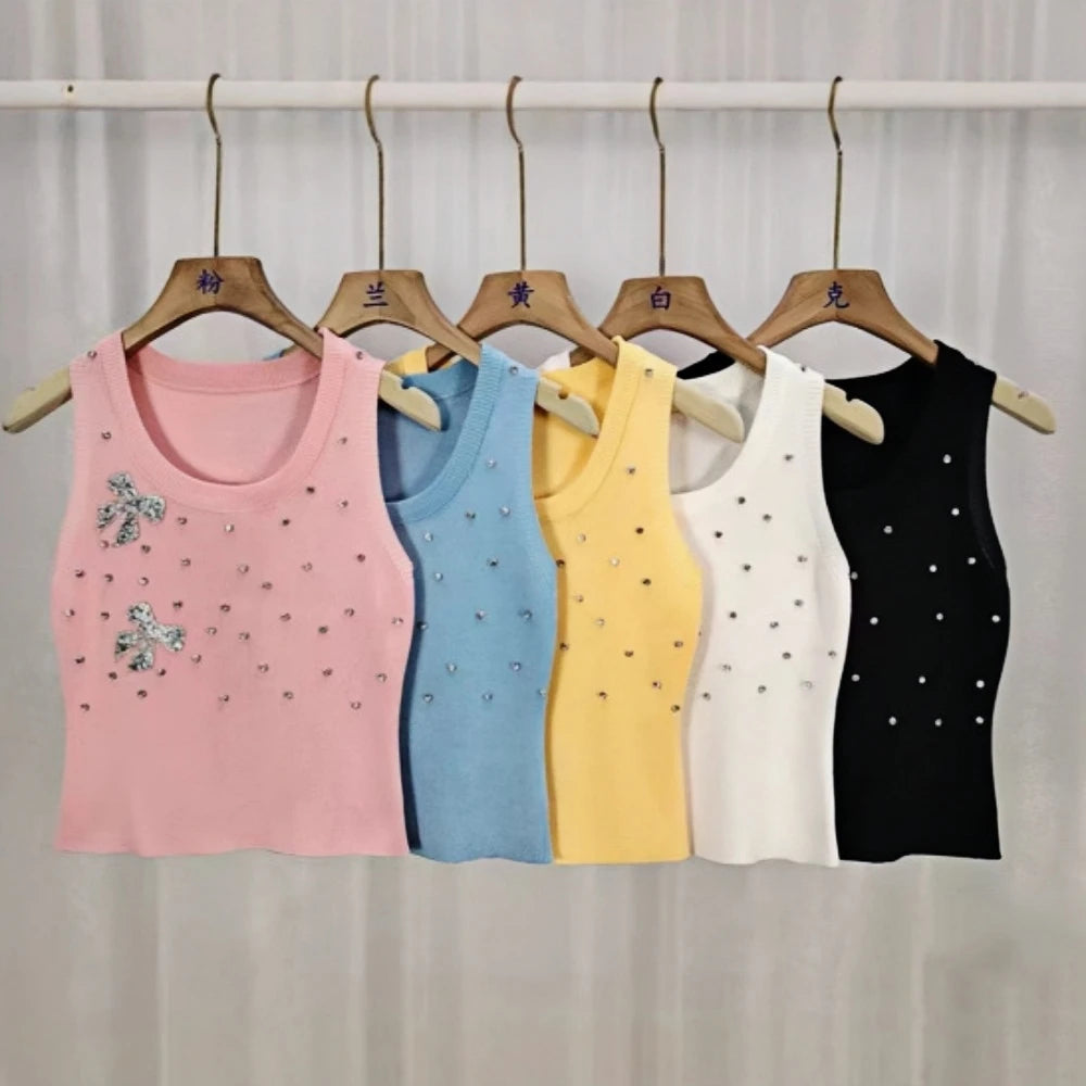 HLJ&GG Fashion Rhinestone Knit Tank Top Two Piece Sets Women Round Neck Sleeveless Crop Vest And Lace Ruffle Mini Skirts Outfits