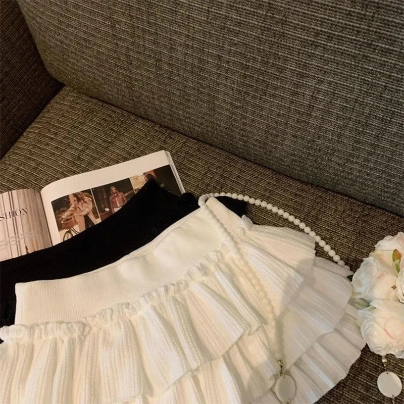 Sweet Puffy Cake Women Skirts Korean Fashion Ruched Ruffle Mini Skirt Campus Harajuku Casual Versatile Elastic Waist Solid Skirt