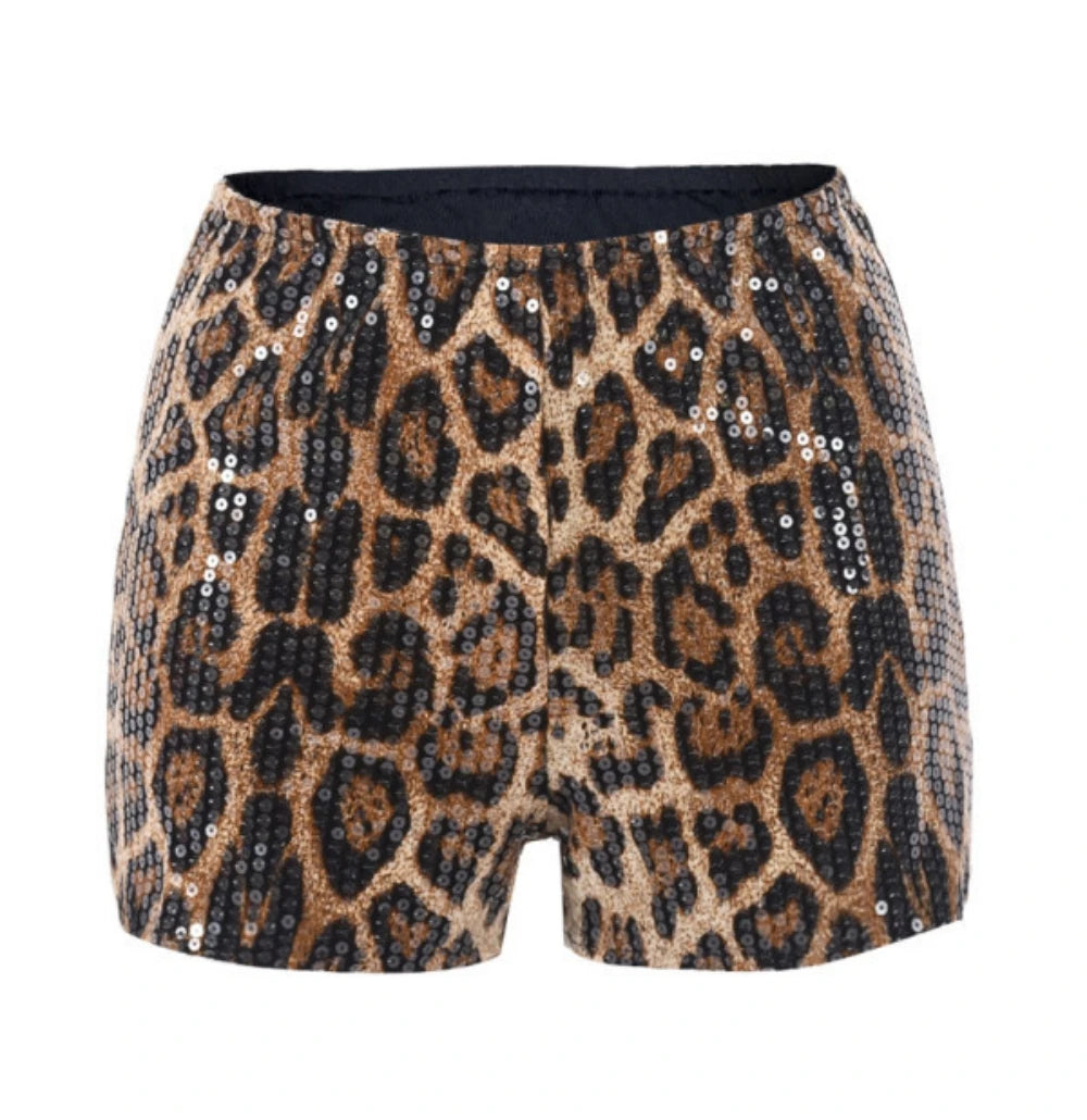 HLJ&GG Y2K Fashion Leopard Sequined Shorts Two Piece Sets Women Letter Print Round Neck Slim Crop Top And Shorts Outfits 2025