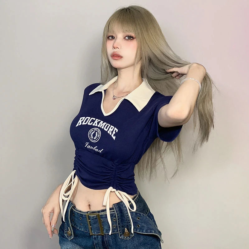 Women Designer Sweet Spicy Style Clothes Lady Drawstring Tie Up Crop Tops Female Turndown Collar Graphic Short Sleeved T-shirts