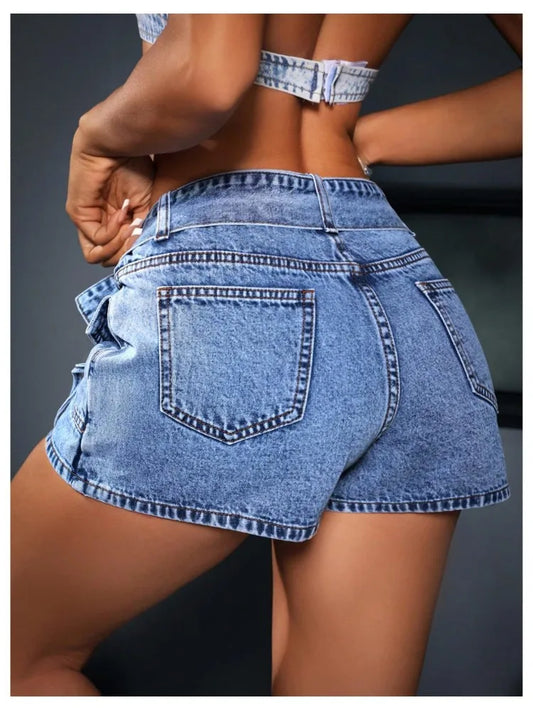 Women's Blue jeans shorts Y2K Inspired Belted Design Bow Adorned Pockets Trendy Streetwear for Fashion Forward Women