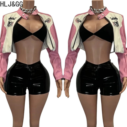 HLJ&GG Pink Letter Print Leather Jacket 3 Piece Sets Women Vest+Long Sleeve Crop Top+Shorts Outfits Fashion Cool Girl Streetwear