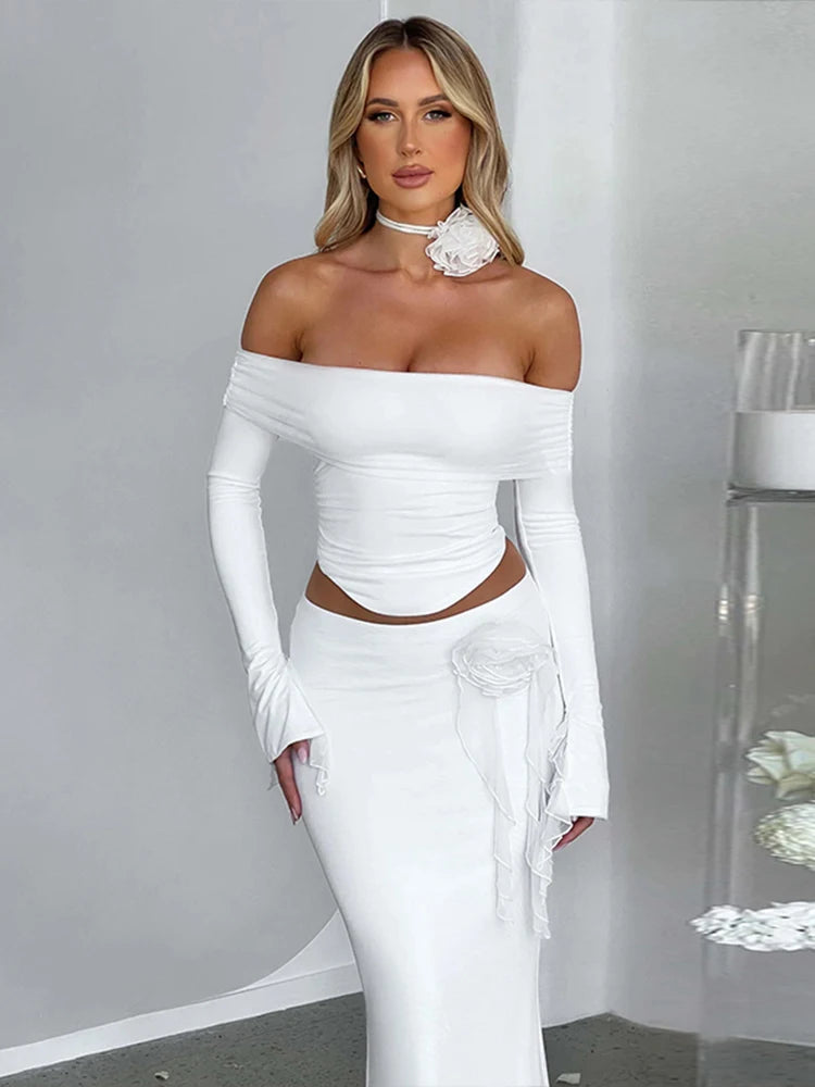 Dulzura Matching Suit Neck Accessories 3D Flower Off Shoulder Long Trumpet Sleeves Crop Top Tassel Maxi Skirt 2024 Autumn Women
