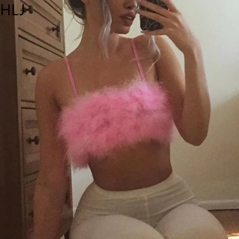HLJ&GG Sweet Fur Tank Top Fashion Two Piece Set For Women Thin Strap Sleeveless Backless Slim Vest And Mini Puffy Skirt Outfits