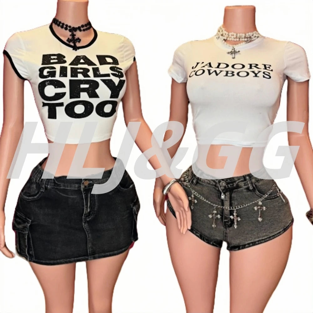 HLJ&GG Summer New Letter Print Tshirts Two Piece Sets Women O Neck Short Sleeve Crop Top And jeans Mini Skirts Outfit Streetwear
