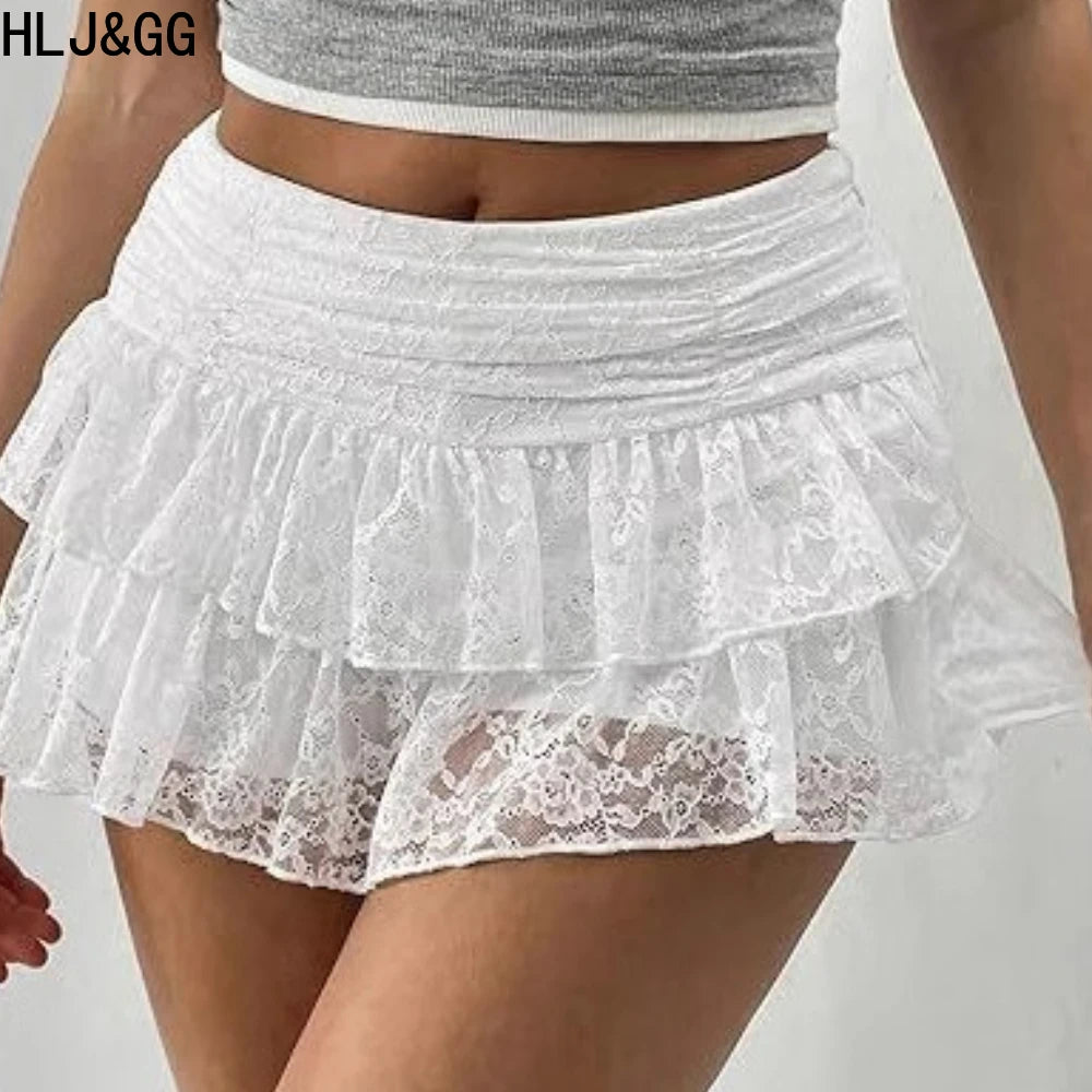 HLJ&GG Fashion Rhinestone Knit Tank Top Two Piece Sets Women Round Neck Sleeveless Crop Vest And Lace Ruffle Mini Skirts Outfits