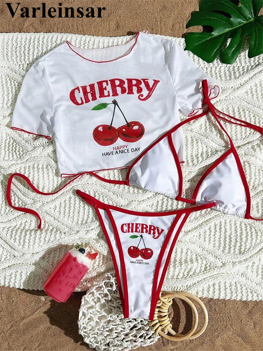 XS - L Cherry Printed Short Sleeve Bikini, Swimsuit,  Swimwear Three-pieces Bikini set Bather Bathing Suit Swim V6854