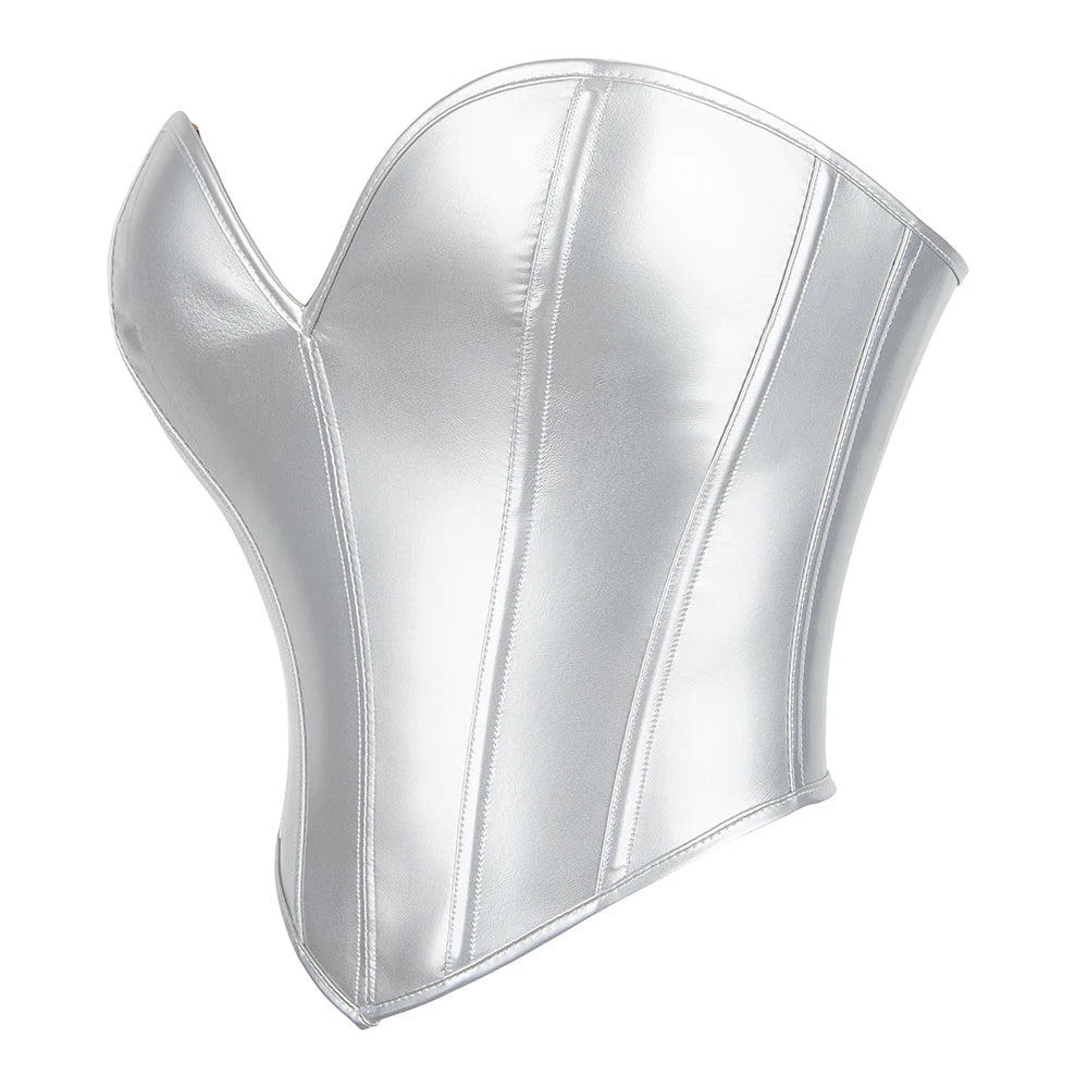 Women Short Bandeau Corset Silver Strapless Bustier Crop Tube Top Summer Streetwear