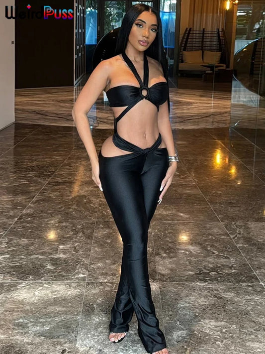 Weird Puss Sexy 2 Piece Set Women Hipster Halter Cross Wrapped Camisole+Ruched Hollow Leggings Street Summer Trend Matching Suit
