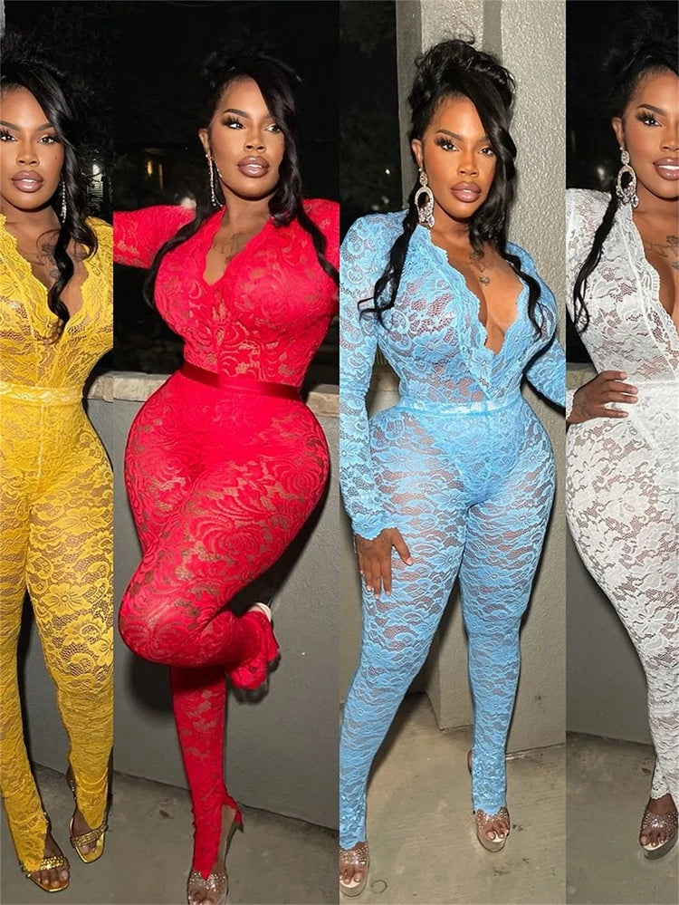 STYLISH LADY See Through Lace 2 Piece Set Women Long Sleeve Bodysuits and Skinny Pant Suits 2025 Summer Sexy Hollow Out Outfits