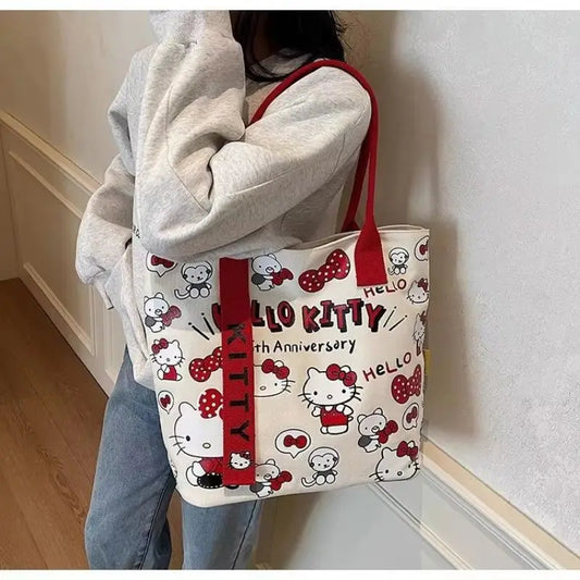 New Model Hello Kitty Cartoon Canvas Bag Cute Commuter Versatile One-Shoulder Tote Bag Large-Capacity Storage Bag