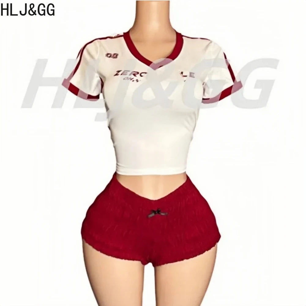 HLJ&GG Red American Vintage Letter Streetwear Women V Neck Short Sleeve Slim Crop Top And Ruched Shorts Two Piece Sets Outfits