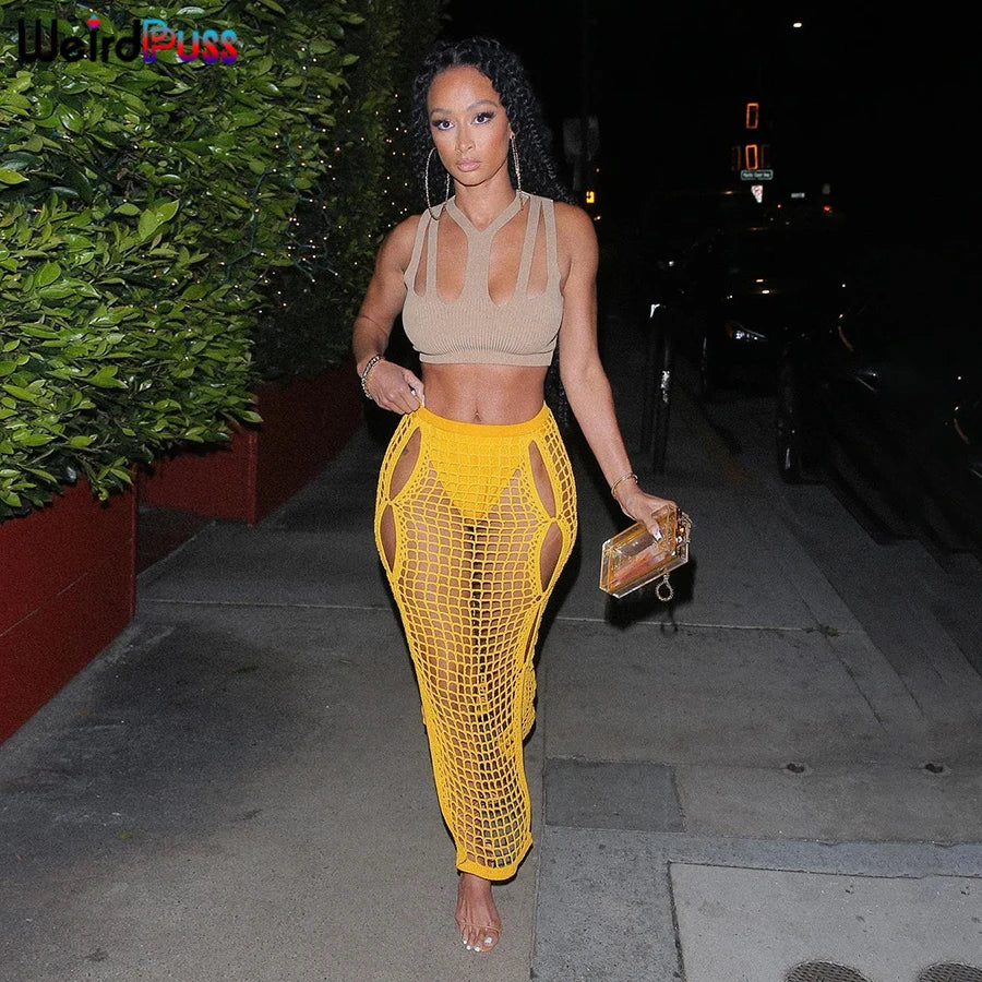 Weird Puss Summer Knit Sexy Long Skirt Women Crochet Elastic See-Through Hollow Out Grid Party Wild Streetwear Solid Bottoms