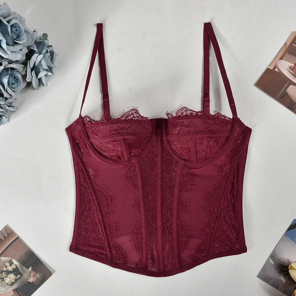 Sexy Lace Mesh Spaghetti Strap Open Back Boned Corset Women Summer Slim Lingerie Bodyshaper Bustier Camisole Halter Vest