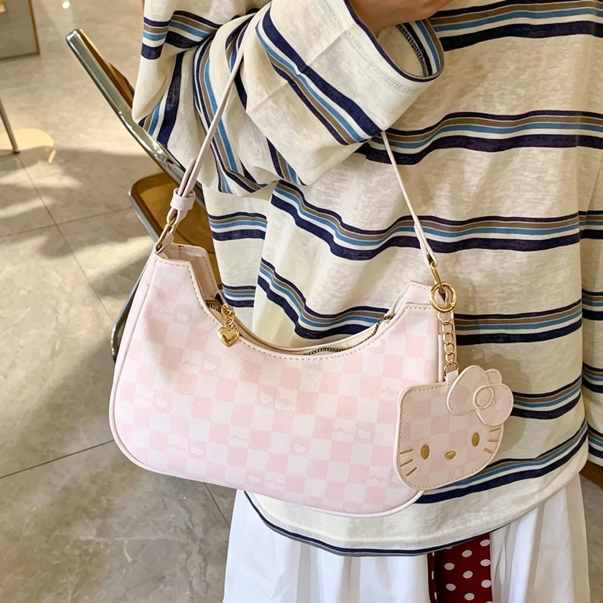 Women Y2K Cute Underarm Shoulder Bag Checkerboard Pattern PU Leather Hobo Bag With Cartoon Pendant Sweet Girls Fashion Daily Handbag Purse