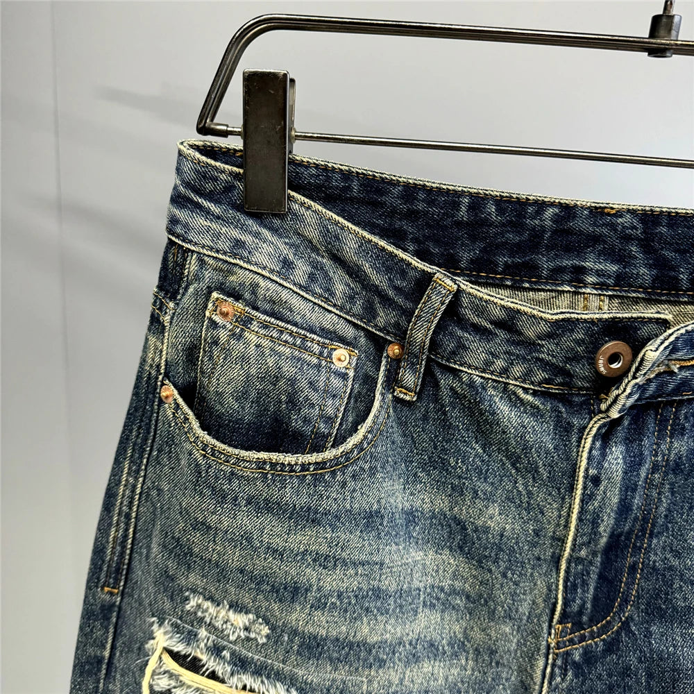 Ripped Baggy Jeans Distressed Denim Streetwear Skateboard Pants Straight Leg Patchwork Oversized Urban Fashion Workwear, men's jeans