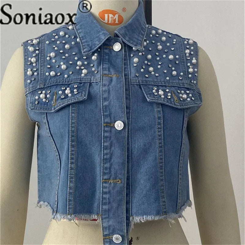 2024 Summer New jeans Jacket Coat Women Lapel Short Jacket Casual Jacket Vest Beaded Diamond Vest Jacket Women Streetwear