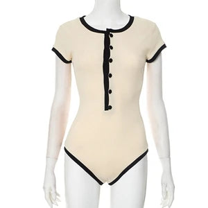 STYLISH LADY Ribbed Button Bodysuits 2025 Summer Women Short Sleeve O Neck Black Nude Sexy Club Street Bodycon Rompers