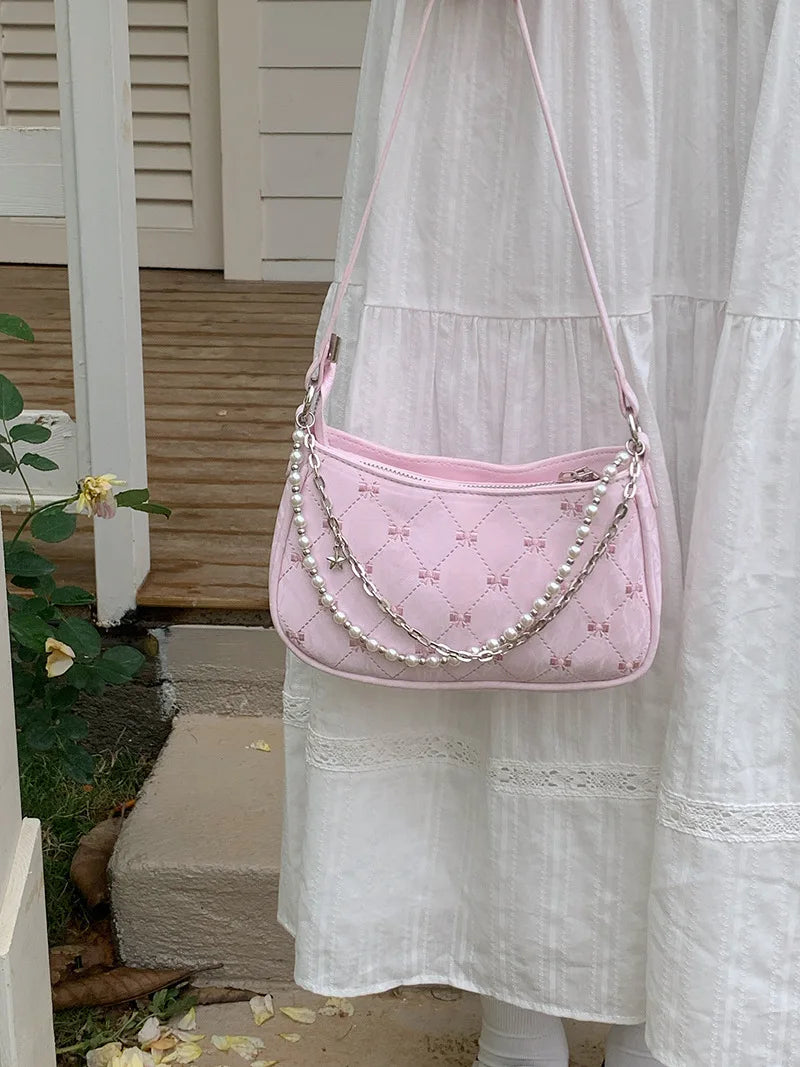 Pink Shoulder Bag Elegant Cute Bow Pearl Chains Bow Embroidery Handbag Casual Leather Korean Fashion Female Handbag