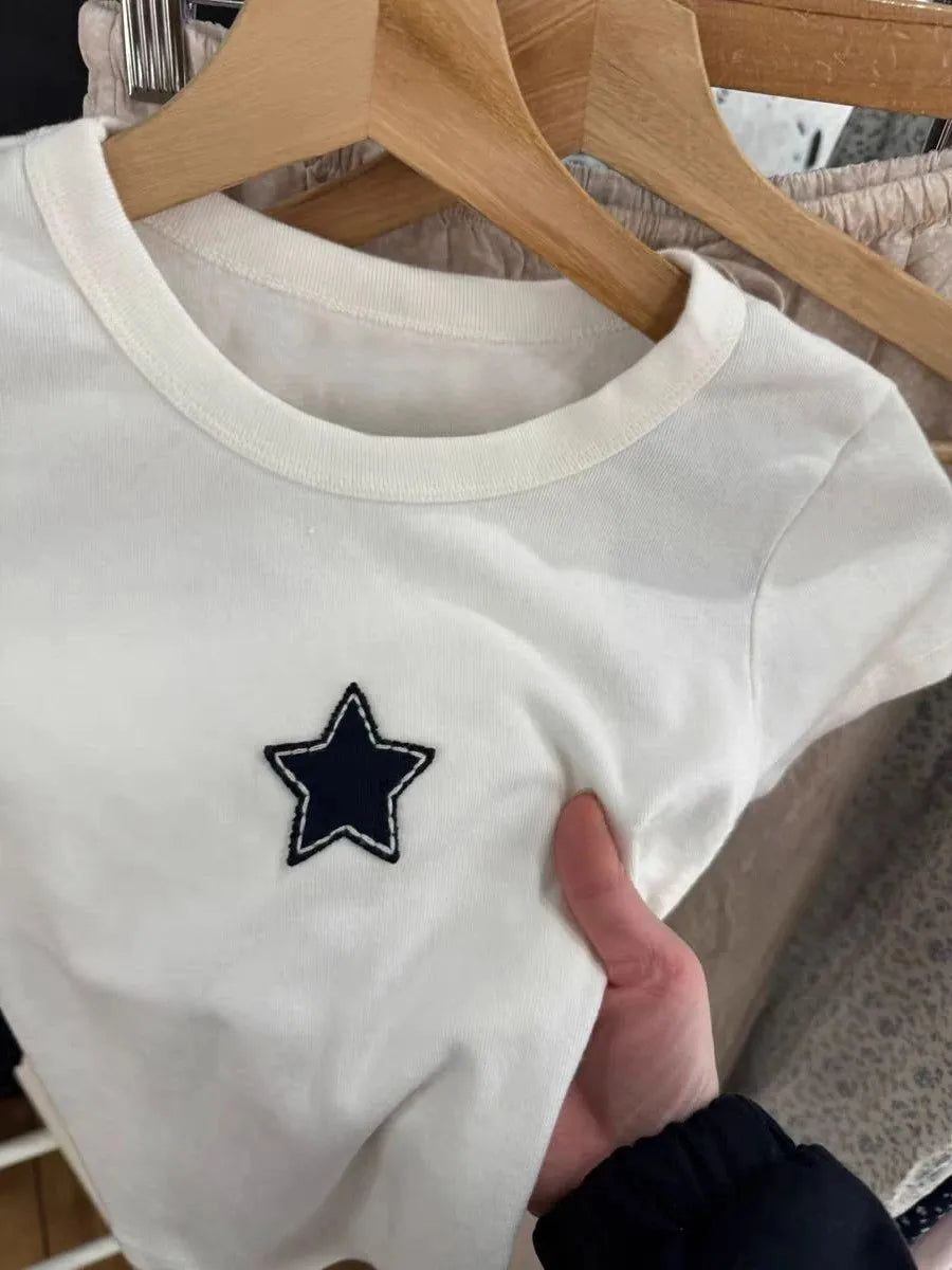 Sweet Star Appliques Slim Crop Top ladies Round Neck Short Sleeve Cotton Cropped T Shirt Summer Cute All-match T-shirts Y2K Tops