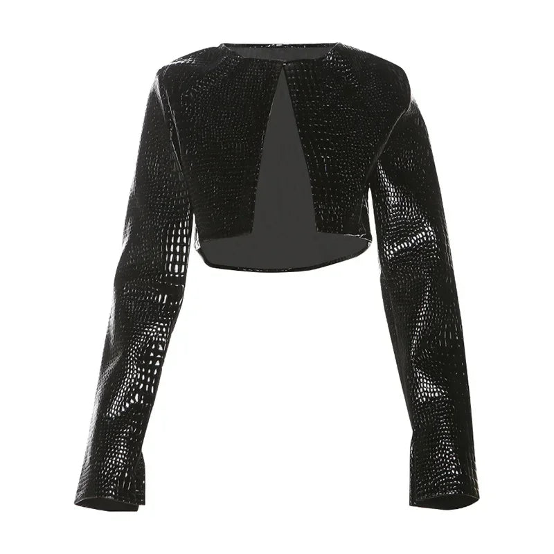 HLJ&GG Fashion Y2K Leather Snake Jacket Coat Three Piece Sets Women Lapel Long Sleeve Crop Top+Shorts Outfits Trend Streetwear